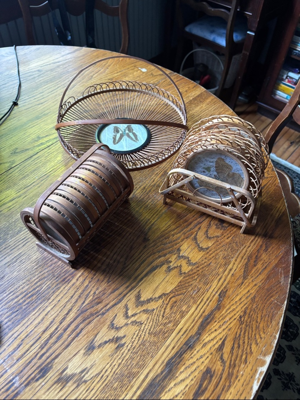 Two Woven Rattan Coaster Sets and Basket with Butterflies and Decorative Inlay